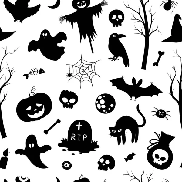 Vector Naadloos Patroon Met Halloween Silhouetten Zwart Wit Samhain Feestachtergrond — Stockvector