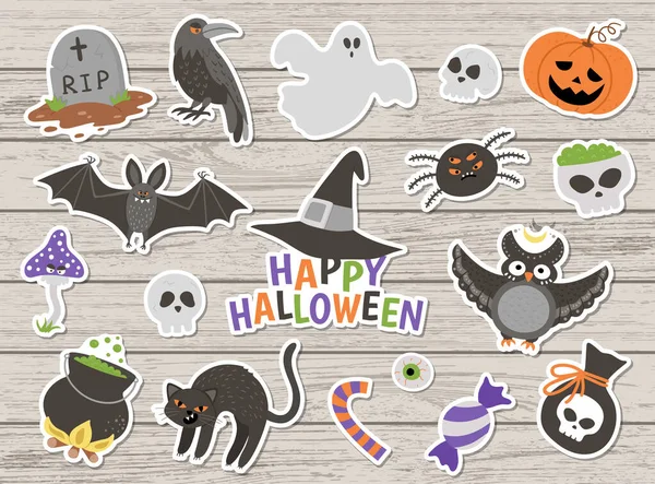 Groot Pakje Vector Halloween Stickers Houten Ondergrond Traditioneel Samhain Feest — Stockvector