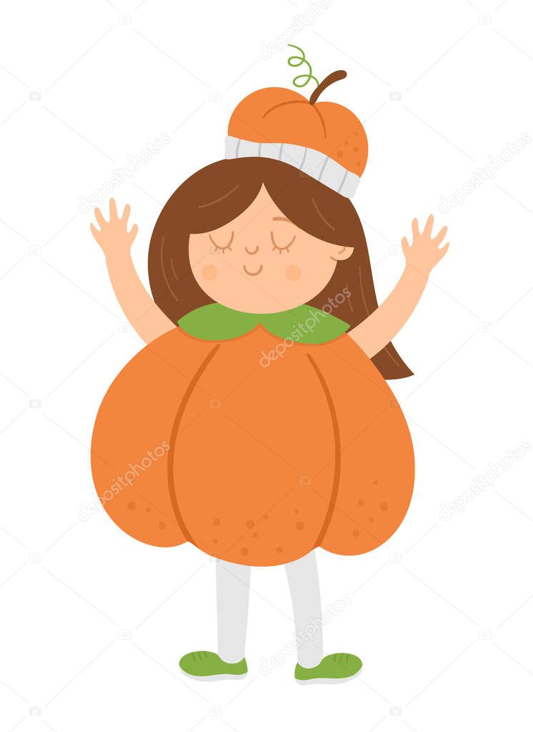 Girl dressed like a pumpkin. Cute vector Halloween kid character. Child in jack-o-lantern costume. Funny autumn all saints eve illustration. Samhain dress party design.