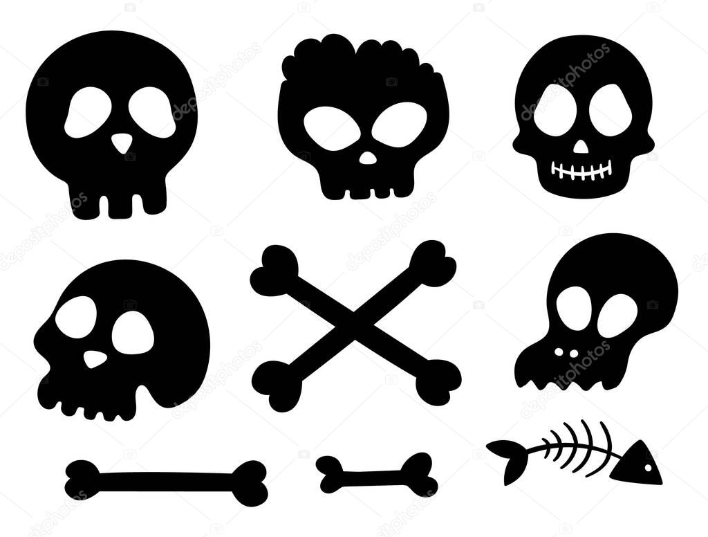 Set of vector black and white skulls and bones. Halloween party human and animal skeletons silhouettes. Scary design for Autumn Samhain party. All saints day shadow elements collection