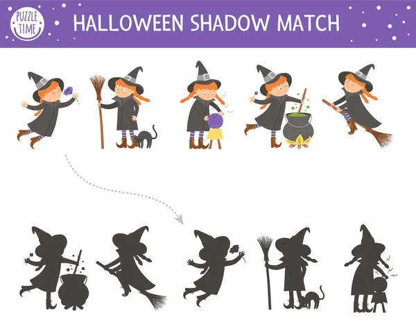 Halloween Stínové Párování Činnost Pro Děti Podzimní Puzzle Čarodějnicemi Vzdělávací — Stockový vektor
