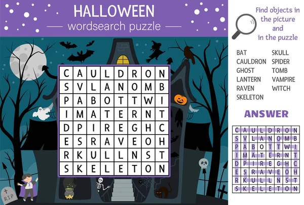 Vector Halloween Wordsearch Puzzle Kids Simple Crossword Haunted House Traditional — Stock Vector