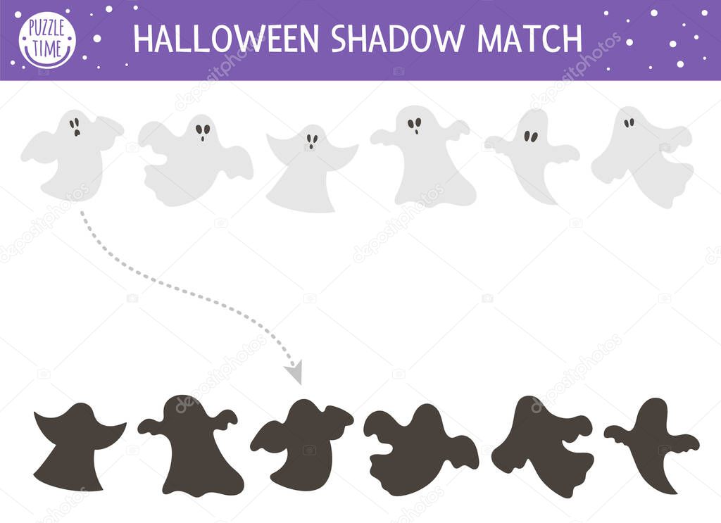 Halloween shadow matching activity for children. Autumn puzzle with ghost. Educational game for kids with scary spooks. Find the correct silhouette printable worksheet.