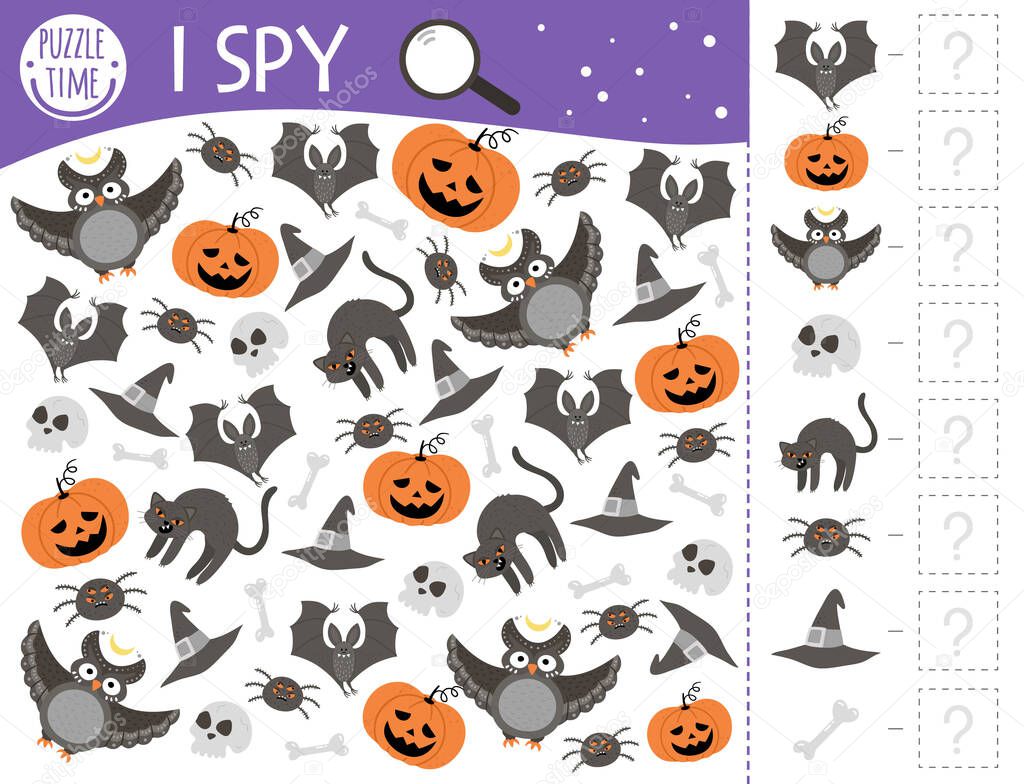 Halloween I spy game for kids. Searching and counting activity for preschool children with traditional scary objects. Funny autumn printable worksheet for kids. Simple spotting puzzle