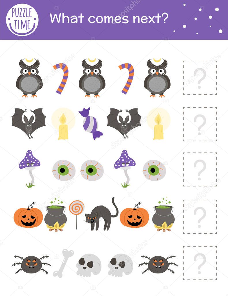 What comes next. Halloween matching activity for preschool children with traditional holiday symbols. Funny educational puzzle. Logical quiz worksheet. Continue the row. Simple autumn game for kid