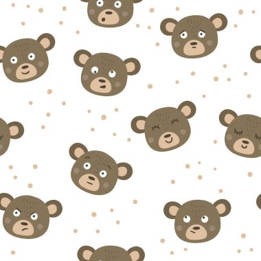 Ayı yüzlü ve farklı duyguları olan kusursuz bir model. Hayvan emojisi çıkartmalarıyla arka planı tekrar et. Başlıklı ve komik ifadeli dijital kağıt