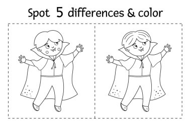 Cadılar Bayramı siyah ve beyaz çocuklar için farklı bir oyun buluyor. Komik vampirlerle sonbahar eğitim aktivitesi. Gülümseyen karakterli yazdırılabilir çalışma tablosu veya renklendirme sayfası.