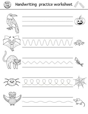 Vektör Cadılar Bayramı el yazısı alıştırması ödevi. Okul öncesi çocuklar için basılabilir siyah-beyaz aktivitesi. Korkunç hayvanlarla yazma becerileri geliştirmek için eğitici bir oyun