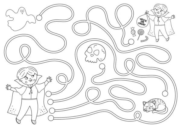 Labyrinthe Noir Blanc Halloween Pour Les Enfants Activité Éducative Imprimable — Image vectorielle