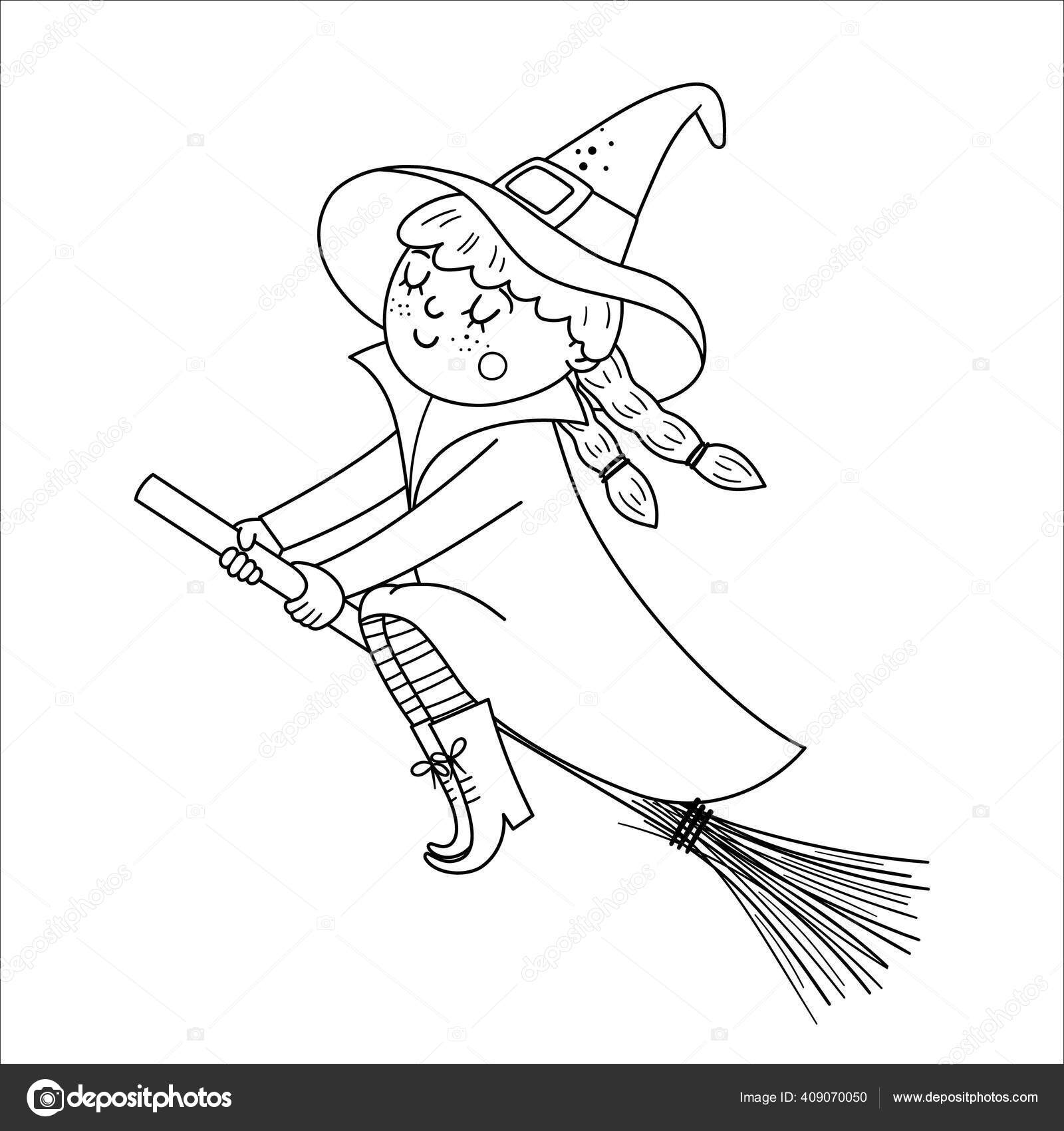 Cute Vector Witch Broom Halloween Black White Character Icon Funny Vector Image By C Lexiclaus Vector Stock 409070050