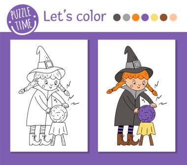Çocuklar için Cadılar Bayramı boyama sayfası. Sihirli küresi olan sevimli komik cadı. Vektör Sonbahar Tatil Tasviri. Renkli örnekleri olan çocuklar için şaka mı şeker mi elbise rengi kitabı