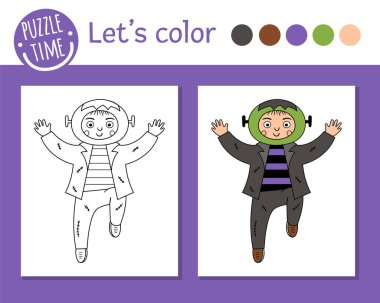 Çocuklar için Cadılar Bayramı boyama sayfası. Canavar gibi giyinmiş komik çocuk. Vektör Sonbahar Tatil Tasviri. Renkli örnekleri olan çocuklar için şaka mı şeker mi elbise rengi kitabı