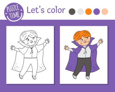 Çocuklar için Cadılar Bayramı boyama sayfası. Vampir gibi giyinmiş sevimli komik çocuk. Vektör Sonbahar Tatil Tasviri. Renkli örnekleri olan çocuklar için şaka mı şeker mi elbise rengi kitabı