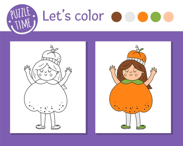 Coloriage Halloween Pour Les Enfants Jolie Fille Drôle Habillée Comme — Image vectorielle