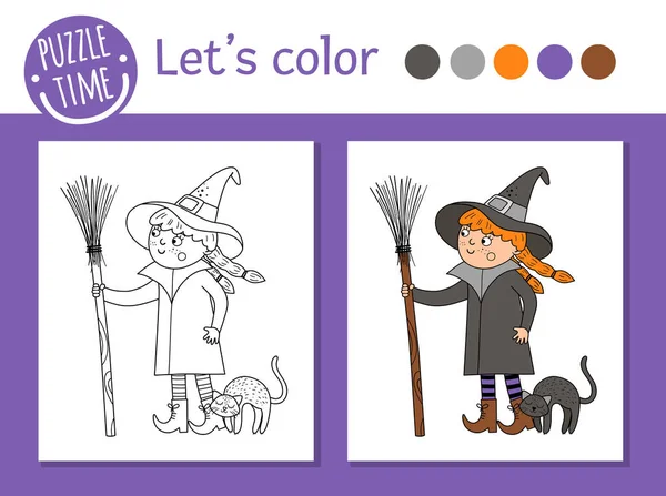 Coloriage Halloween Pour Les Enfants Mignonne Sorcière Drôle Avec Balai — Image vectorielle