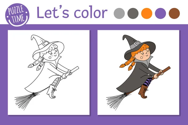 Coloriage Halloween Pour Les Enfants Mignonne Sorcière Drôle Volant Sur — Image vectorielle