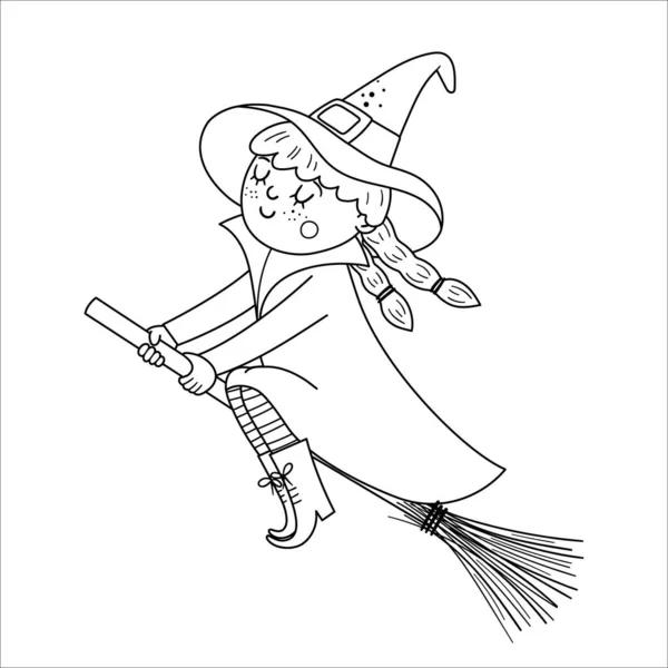 Aranyos Vektor Boszorkány Seprűn Halloween Fekete Fehér Karakter Ikon Vicces — Stock Vector
