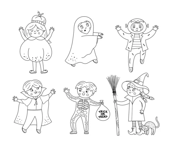 Sada Roztomilých Vektorových Černobílých Halloweenských Postav Děti Sbírce Strašidelných Kostýmů — Stockový vektor