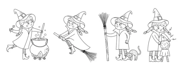 Aranyos Fekete Fehér Vektor Boszorkányok Halloween Karakterek Ikonok Gyűjtemény Vicces — Stock Vector