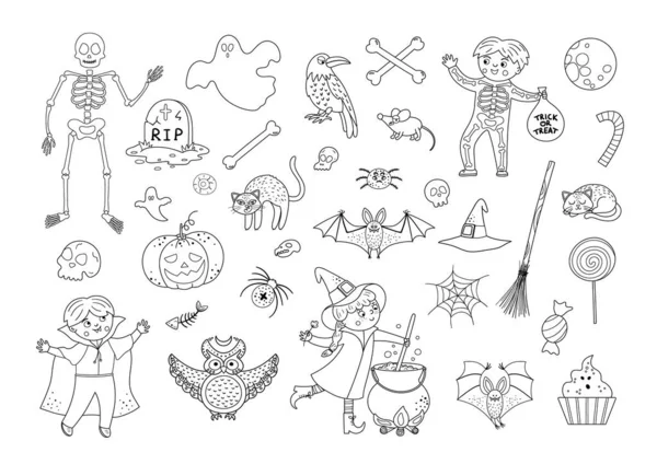Grand Ensemble Éléments Vectoriels Halloween Noir Blanc Clipart Traditionnel Samhain — Image vectorielle