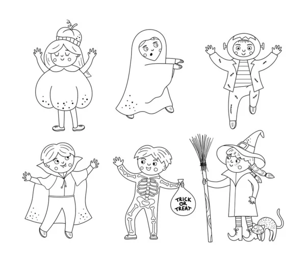 Set Cute Vector Black White Halloween Characters Children Scary Costumes — Stock Vector