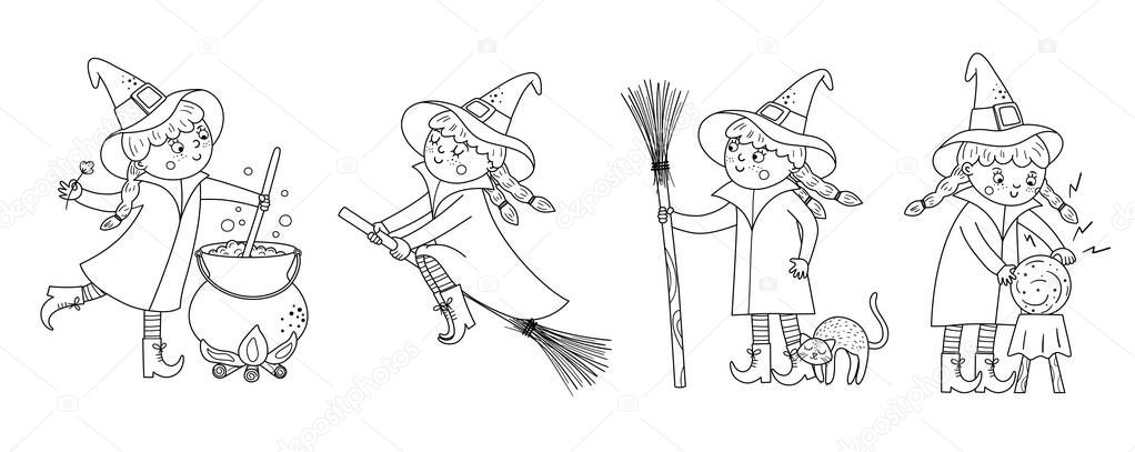 Set of cute black and white vector witches. Halloween characters icons collection. Funny autumn all saints eve coloring page with girl on a broom, with cauldron, cat, magic ball.