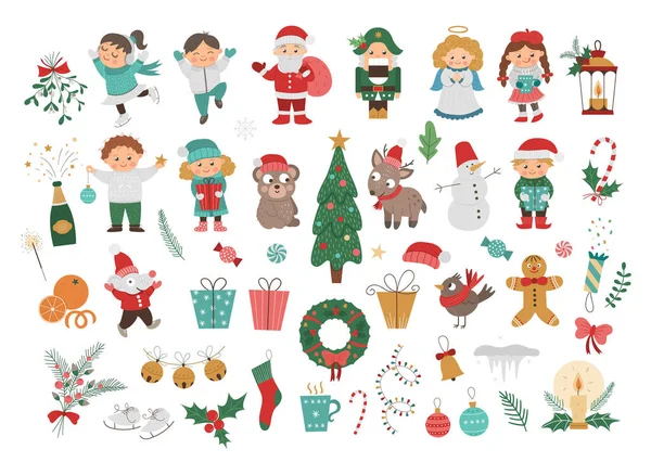 大病媒组合的圣诞元素和孩子 圣诞老人戴着红帽子袋 胡桃夹子 圣诞树隔离在白色 装饰或新年设计有趣的插画 — 图库矢量图片