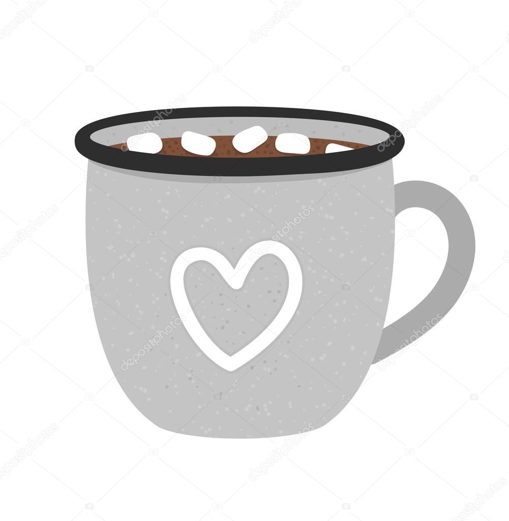 Vector enamel cup with cocoa and marshmallow. Winter traditional drink illustration. Holiday hot beverage icon. Illustration of cocoa or cappuccino isolated on white background