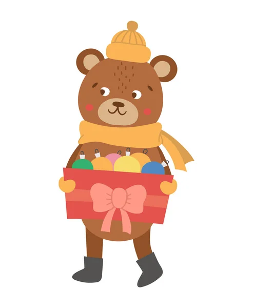 Vector Bear Hat Scarf Box Christmas Balls Cute Winter Animal — Stock Vector