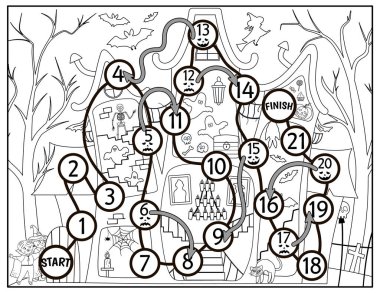 Cadılar Bayramı siyah beyaz masa oyunu perili evleri ve şirin çocukları olan çocuklar için. Beyzbol sopası, iskelet ve hayaletle eğitim amaçlı bir tahta oyunu. Çocukların ürkütücü kulübeden geçmesine yardım et..
