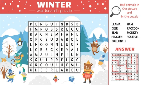 Puzzle Búsqueda Palabras Temporada Invierno Vectorial Para Niños Crucigrama Simple — Archivo Imágenes Vectoriales