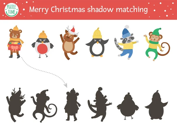 Actividad Juego Sombras Navideñas Para Niños Puzzle Invierno Con Animales — Vector de stock