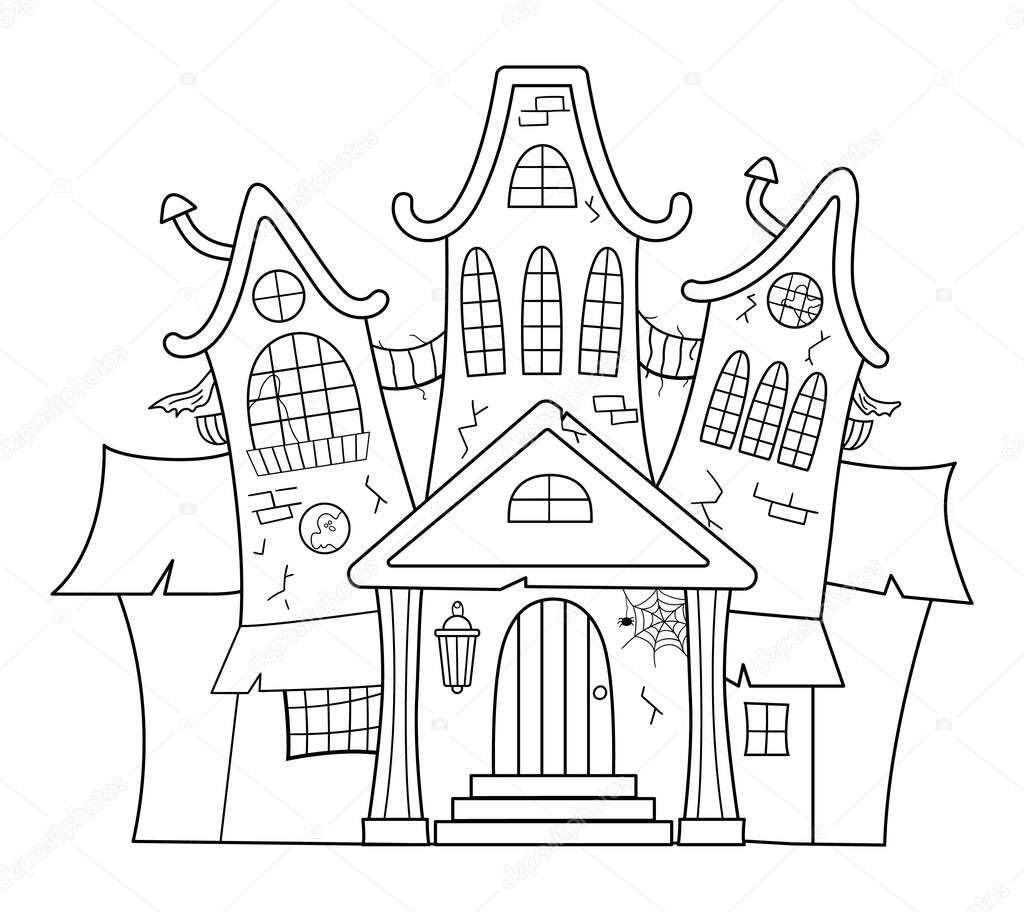 Vector haunted house black and white illustration. Halloween spooky cottage coloring page for kids. Scary Samhain party invitation or card design.