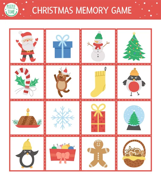 전통적 상징이 크리스마스 메모리 행동을 재미있는 캐릭터와 조화시키는 카드를 기억하고 — 스톡 벡터