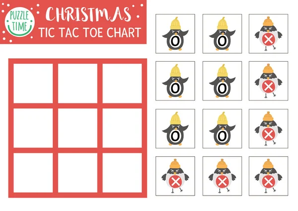 Vector Jul Tac Diagram Med Söt Pingvin Och Tjurfäktning Vinterbrädspel — Stock vektor