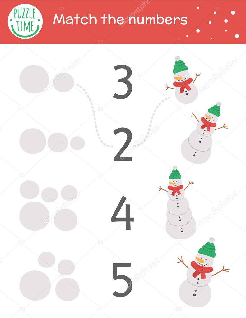 Christmas matching game with snowman. Winter math activity for preschool children. Educational New Year printable counting worksheet with cute funny elements for kid