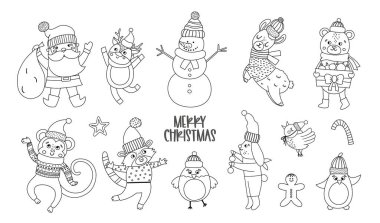 Siyah beyaz Noel karakterlerinin vektör seti. Çuvallı Noel Baba, komik hayvanlar, beyaz arka planda izole edilmiş kardan adam çizgisi simgeleri. Dekorasyon ya da yeni yıl tasarımı için hoş bir kış çizimi