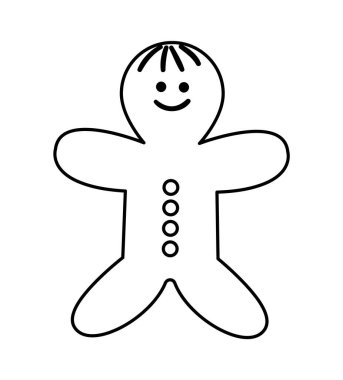 Beyaz arka planda izole edilmiş siyah-beyaz zencefilli adam. Yeni yıl sembolünün şirin bir çizimi. Geleneksel kurabiyelerin Noel çizgisi simgesi