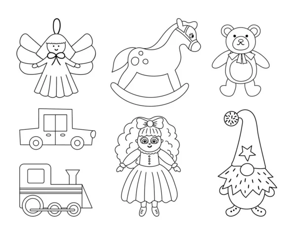 可爱的圣诞黑白玩具系列 给孩子们的新年礼物 圣诞老人送给孩子们的礼物 摇着的马 泰迪熊 火车图标隔离在白色背景下 — 图库矢量图片