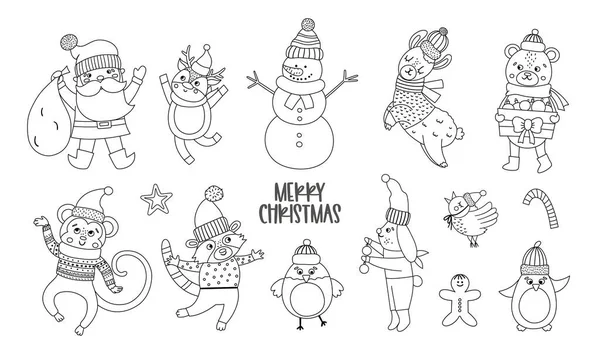 黒と白のクリスマス文字のベクトルセット 白い背景に隔離された袋 面白い動物 雪だるまのラインアイコンを持つサンタクロース 装飾や新年のデザインのためのかわいい冬のイラスト — ストックベクタ