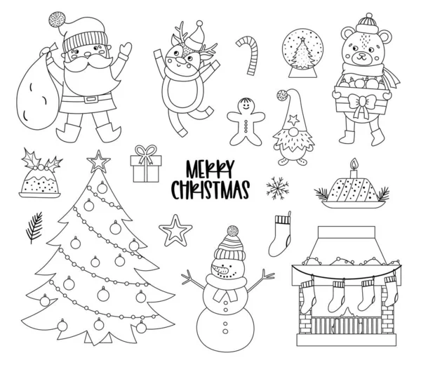 Векторный Набор Черно Белых Рождественских Элементов Санта Клаусом Оленем Елкой — стоковый вектор