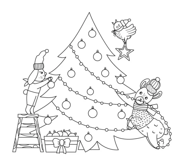 用兔子 小鸟和美洲驼装饰冷杉树 制作出美丽的黑白圣诞准备场景 动物的冬季线条图解 有趣的卡片设计 带着微笑的新年印刷品 — 图库矢量图片