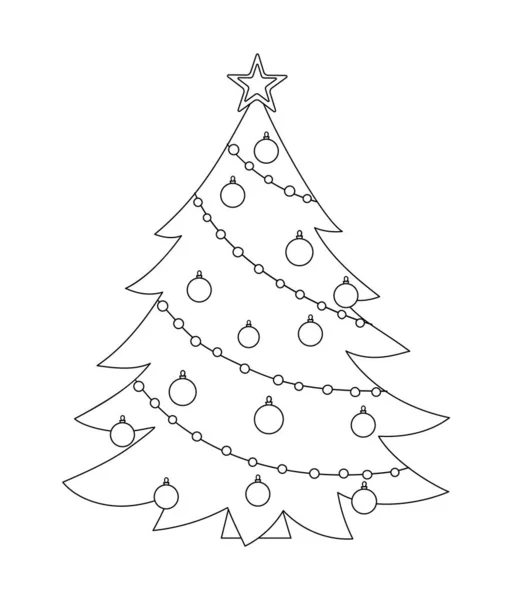 Beyaz arka planda izole edilmiş siyah beyaz bir Noel ağacı. Yeni yıl sembolünün komik çizgileri. Satır simgesi ya da renklendirme sayfası