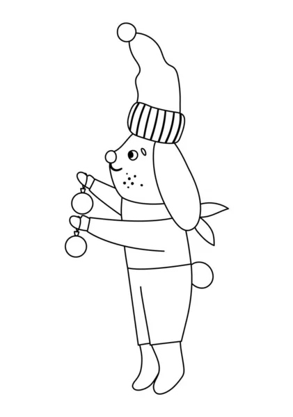 头戴帽子 头戴毛衣 头戴玩具 装饰圣诞树的病媒黑白相间 可爱的冬季动物图解 有趣的圣诞线图标 充满微笑的新年印刷品 — 图库矢量图片