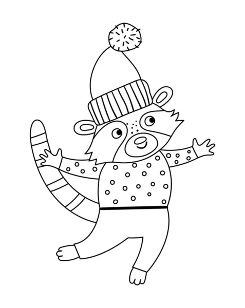 帽子とセーターのベクトル黒と白のアライグマ かわいい冬の動物のイラスト 面白いクリスマスカードのデザイン 笑顔のキャラクターを持つ新年のラインアイコン — ストックベクタ