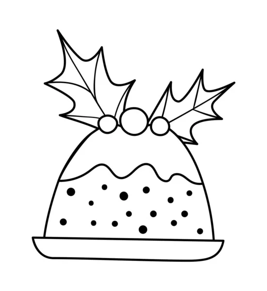 Vector Zwart Wit Kerstpudding Met Heilige Bladeren Rode Bessen Geïsoleerd — Stockvector