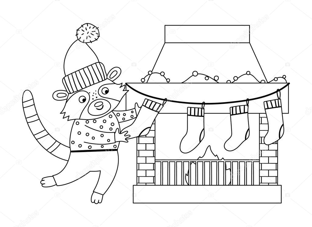 Cute black and white Christmas preparation scene with raccoon in hat and sweater with stockings and chimney. Winter line illustration with animal and fireplace. Funny card design. New Year print