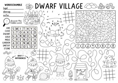 Vector dwarf village placemat for kid. Forest gnome printable activity mat with maze, tic tac toe chart, connect the dots, find difference. Woodland elf black and white play mat, coloring pag