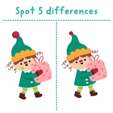 Christmas find differences game for children. Winter holiday educational activity with elf holding present. Cute puzzle for kids with funny New Year character. Printable worksheet, pag