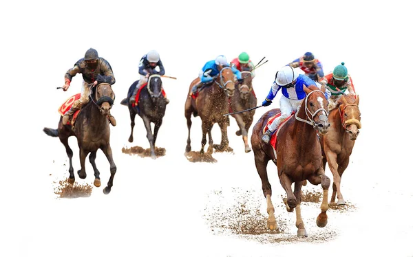 Jockey Cavalo Corrida Cavalo Isolado Fundo Branco — Fotografia de Stock